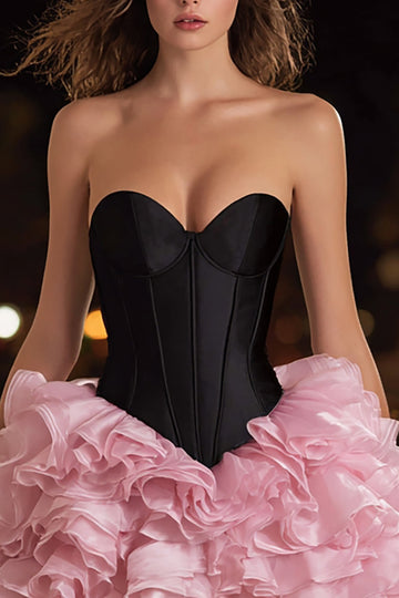 Noir et rose Robe de cocktail corset courte à volants